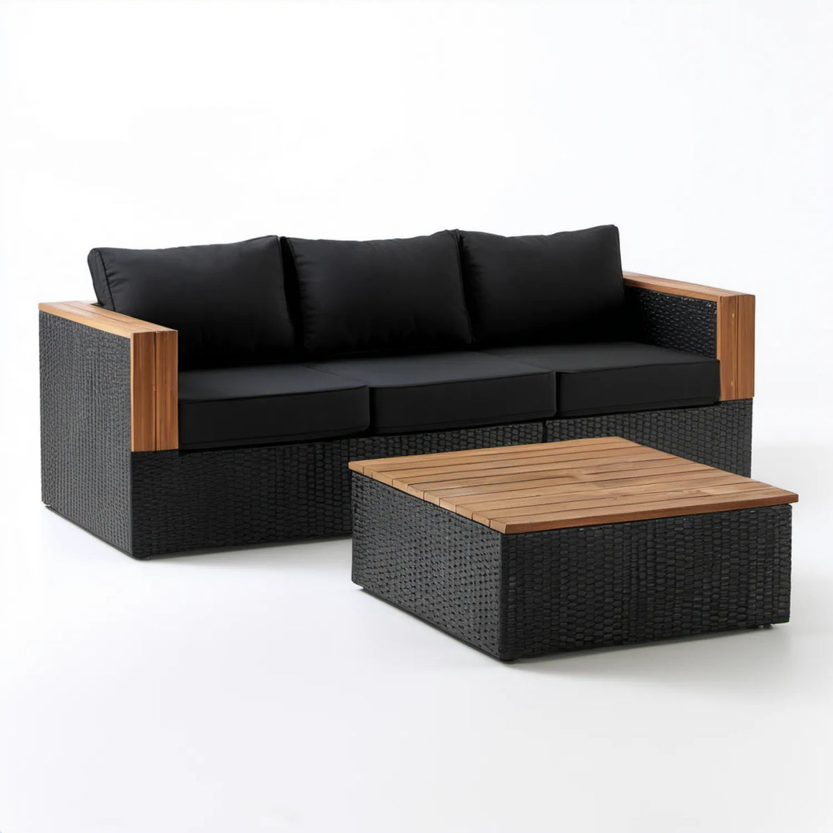 Czarno-brązowy zestaw ogrodowy z technorattanu z 3-osobową sofą i stolikiem 200 × 75 × 65 cm