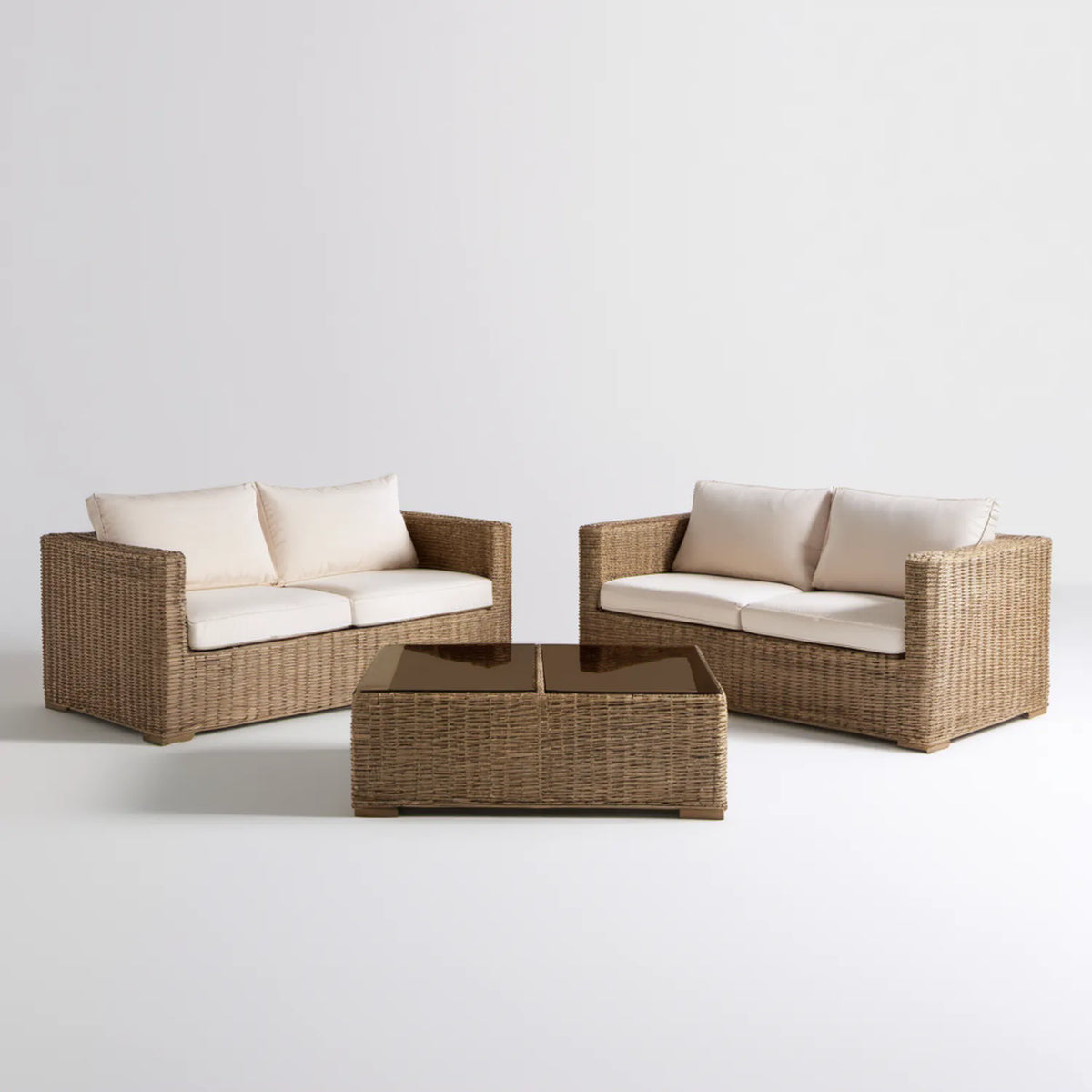 Zestaw ogrodowy z technorattanu PE: 2 sofy 150 × 80 × 75 cm i stolik 120 × 60 × 45 cm, beżowo-kremowy
