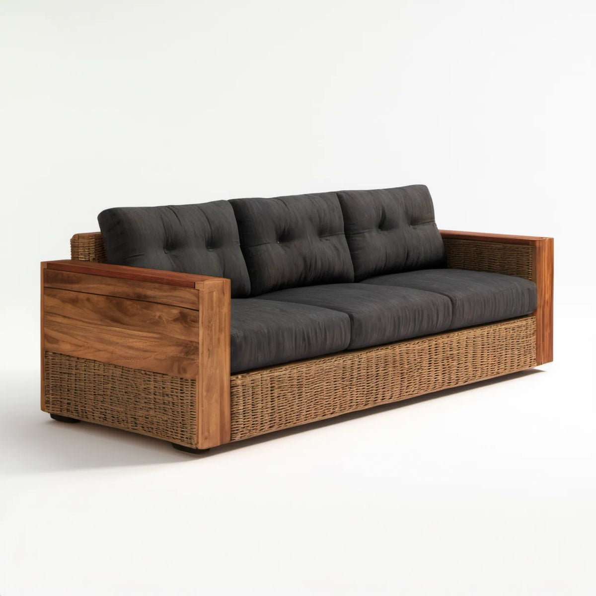 Trzyosobowa sofa ogrodowa z drewna akacjowego i technorattanu, brązowo-grafitowa, 200 x 80 x 75 cm
