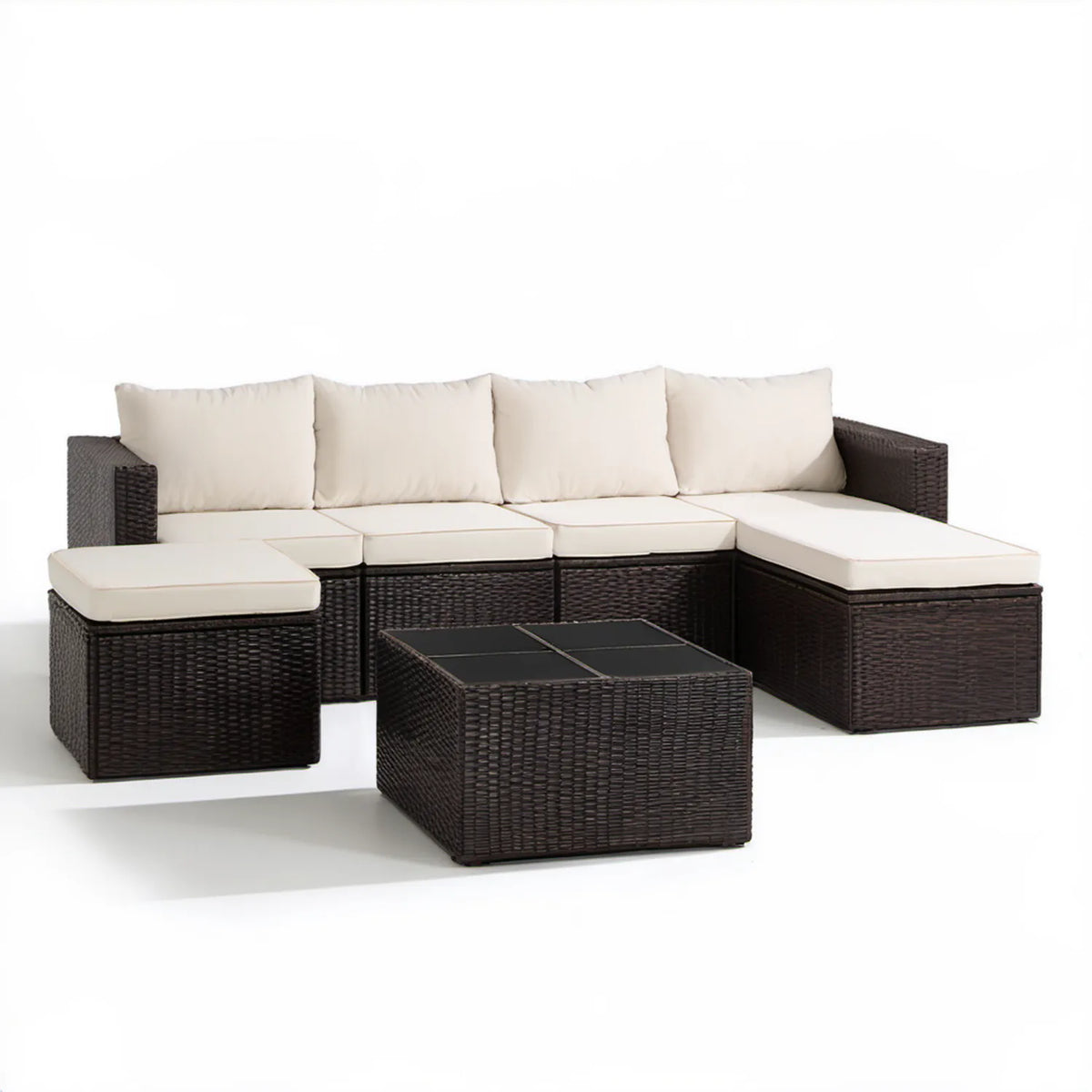 6-częściowy modułowy zestaw narożny z rattanu PE 195 × 195 × 63 cm Ciemnobrązowy/Kremowy/Czarny