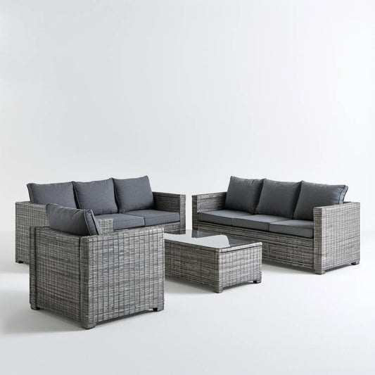 Szary zestaw wypoczynkowy z technorattanu – 2 sofy 3-osobowe, fotel i stolik 110 x 60 x 45 cm