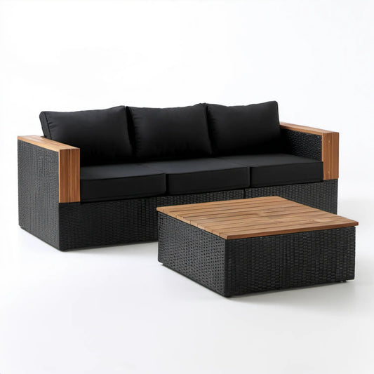 Czarno-brązowy zestaw ogrodowy z technorattanu z 3-osobową sofą i stolikiem 200 × 75 × 65 cm