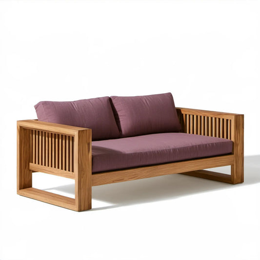 Dwuosobowa sofa ogrodowa z drewna akacjowego 140 x 80 x 75 cm Naturalny brąz/Śliwkowy