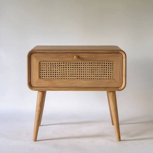 Szafka nocna retro z 1 szufladą, jasny dąb i naturalny rattan, 50 x 40 x 60 cm