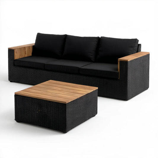 Zestaw ogrodowy z sofą 3-osobową i stolikiem, technorattan i drewno akacjowe, Czarny/Naturalny Brązowy, sofa 200 x 70 x 75 cm, stolik 100 x 60 x 38 cm