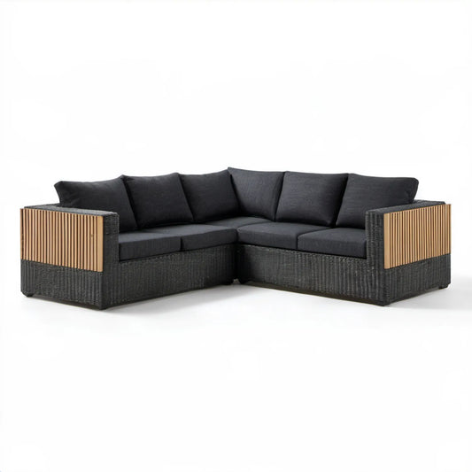 Narożna sofa ogrodowa 4-osobowa z technorattanu PE i aluminium, czarno-naturalna, 230 x 230 x 85 cm