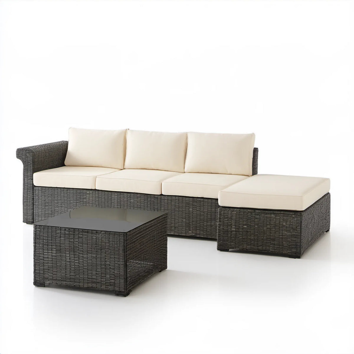 Sofa ogrodowa z pufą i stolikiem z technorattanu, grafitowo-kremowa, 182 x 70 x 73 cm