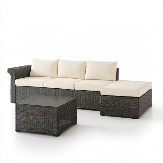 Sofa ogrodowa z pufą i stolikiem z technorattanu, grafitowo-kremowa, 182 x 70 x 73 cm