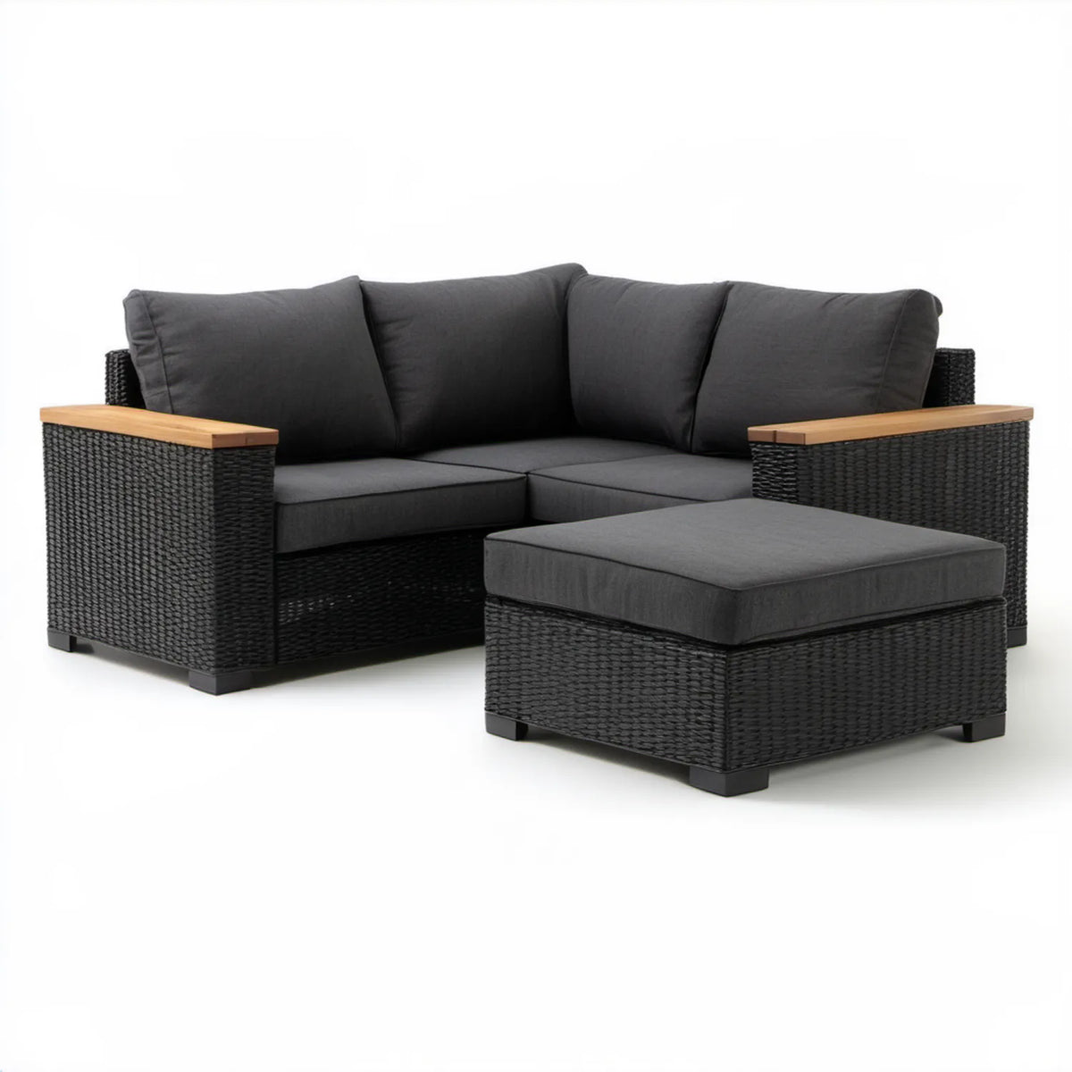 Narożna sofa ogrodowa z pufą z technorattanu, czarna/grafitowa/brązowa, 180 x 140 x 65 cm