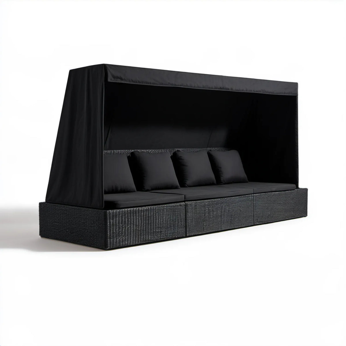 Czarna 3-osobowa sofa ogrodowa z daszkiem z technorattanu PE 220 x 75 x 200 cm