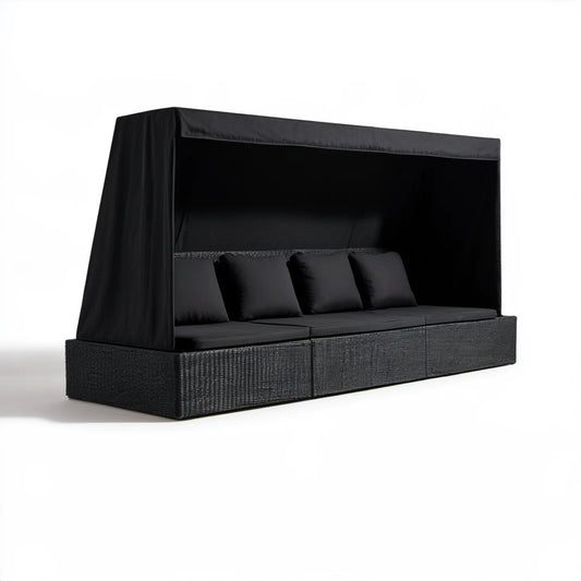Czarna 3-osobowa sofa ogrodowa z daszkiem z technorattanu PE 220 x 75 x 200 cm