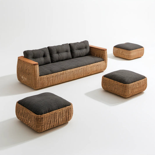 Zestaw ogrodowy: sofa 3-osobowa z 3 pufami, naturalny brąz i grafit, 220 x 85 x 80 cm