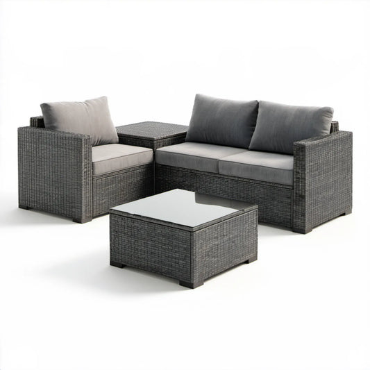Szary zestaw ogrodowy z technorattanu PE, 4 elementy, sofa 130 x 75 x 65 cm